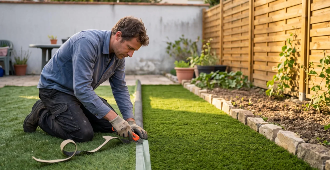 Un particulier découpe une bande de pelouse artificielle au cutter le long d'une ligne de coupe dans son jardin.