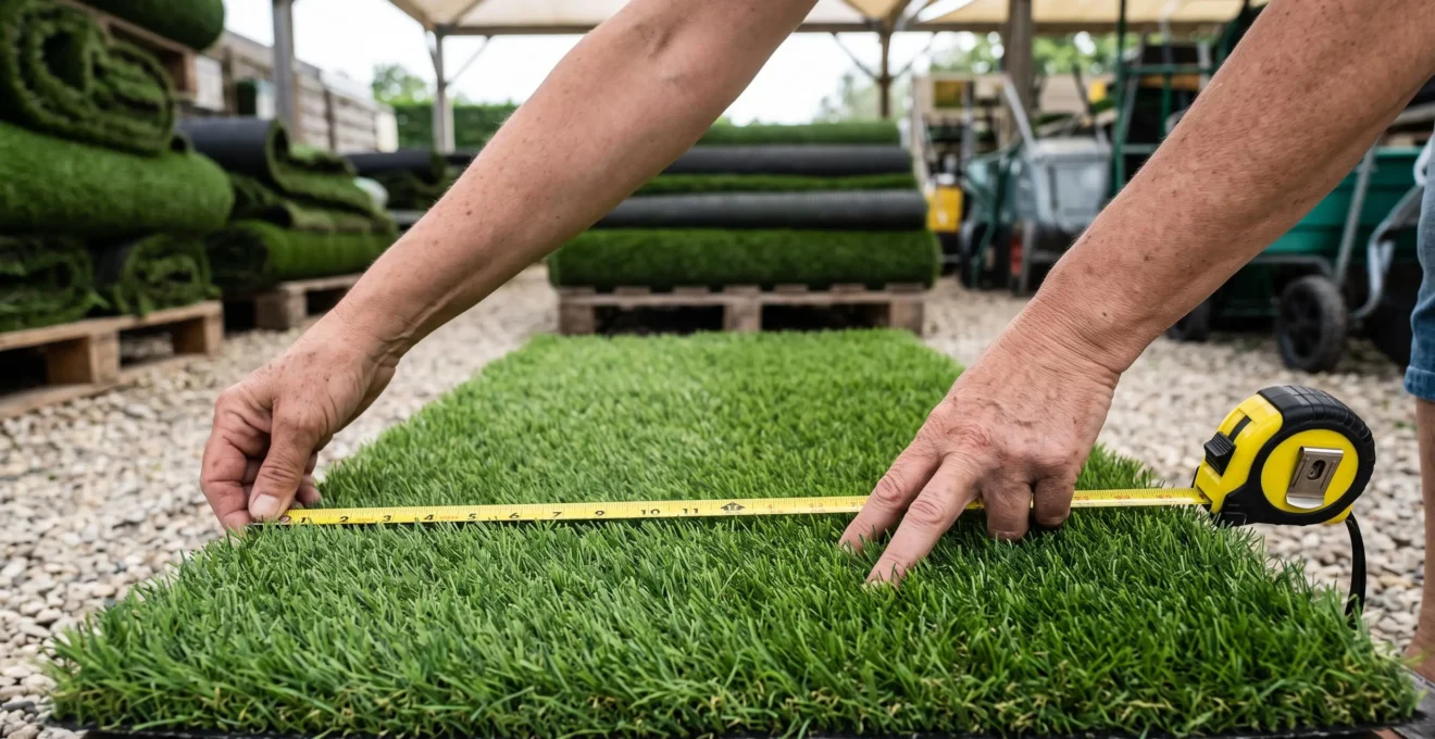 Des mains mesurent la largeur d'un rouleau de gazon synthétique et vérifient la densité des brins en garden center.