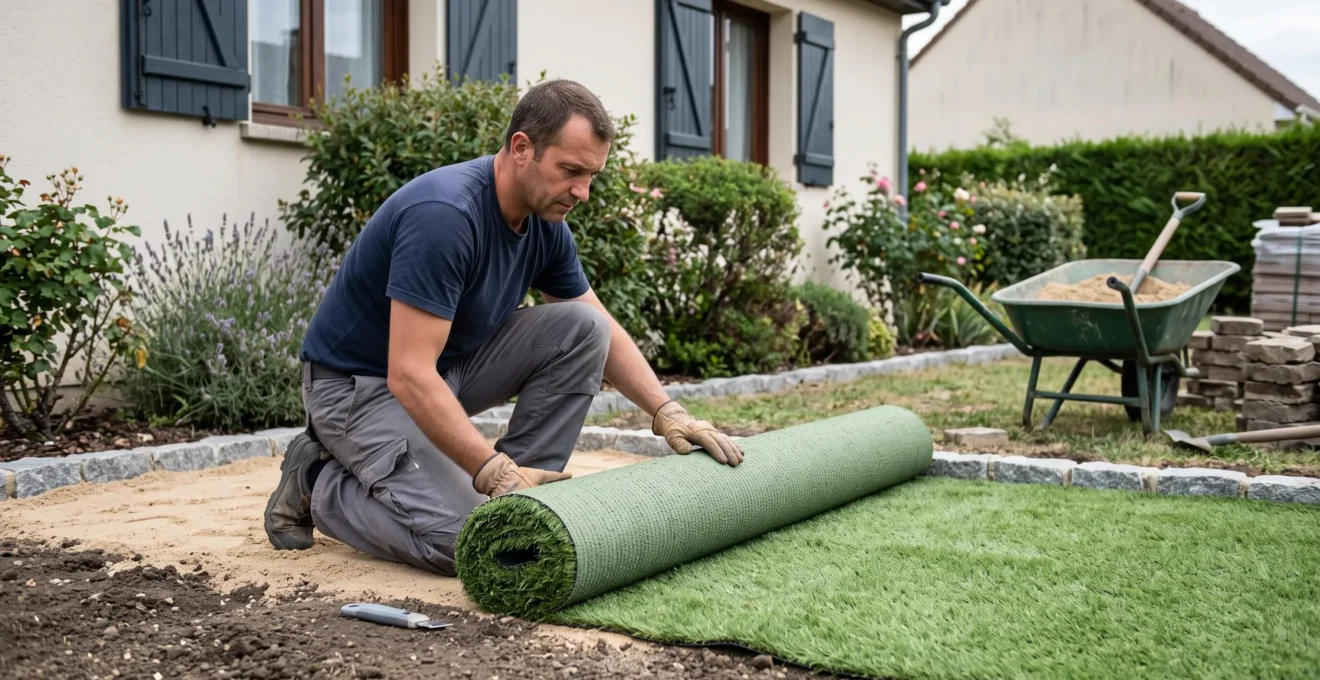 Un paysageniste déroule un rouleau de pelouse artificielle sur un sol préparé dans le jardin d'une maison française.