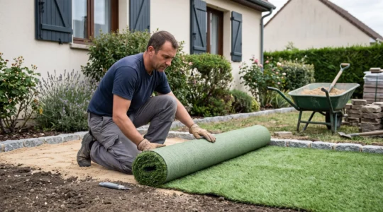 Un paysageniste déroule un rouleau de pelouse artificielle sur un sol préparé dans le jardin d'une maison française.